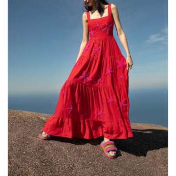 ABYOVRT Women Embroidered Maxi Dress Sleeveless Smocked Flowy Sundress Boho Summer Long Dresses Beach Vocation (S,Red Starfish)