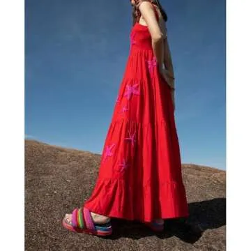 ABYOVRT Women Embroidered Maxi Dress Sleeveless Smocked Flowy Sundress Boho Summer Long Dresses Beach Vocation (S,Red Starfish)