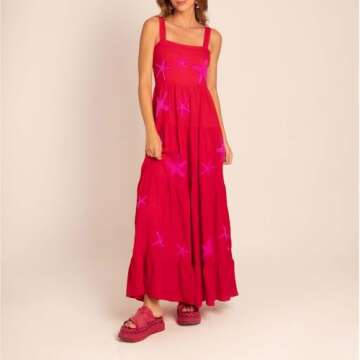 ABYOVRT Women Embroidered Maxi Dress Sleeveless Smocked Flowy Sundress Boho Summer Long Dresses Beach Vocation (S,Red Starfish)