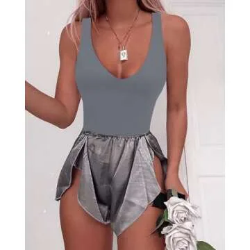 SAUNGKUAI Women’s Bodysuit Sexy Plunge Deep V Neck Backless Sleeveless Tank Thong Body Suits Outfits for Going Out Grey S