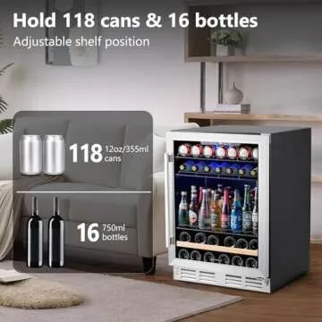 Beverage Fridge 24 Inch Beverage and Wine Cooler Built-in or Freestanding - 120 Cans & 16 Bottles Ca...