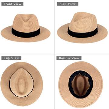 Panama Straw Hats for Women Summer Beach Sun Hat Wide Brim Fedora Cap UPF50+(A02-Brown)