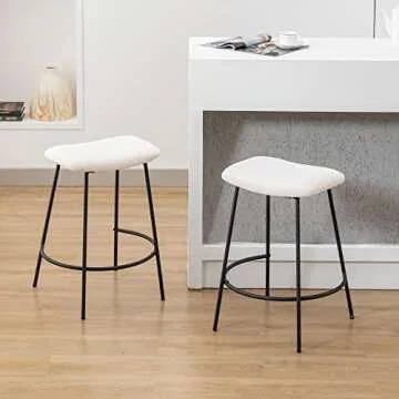 DM Furniture Bar Stools Set of 2 Counter Height 25.5 Inches Saddle Stools Modern Sherpa Fabric Barstools Upholstered Bar Chairs for Kitchen Island/Dining Pub, White