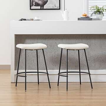 DM Furniture Bar Stools Set of 2 Counter Height 25.5 Inches Saddle Stools Modern Sherpa Fabric Barstools Upholstered Bar Chairs for Kitchen Island/Dining Pub, White