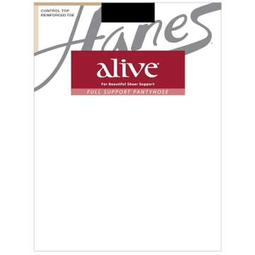 Hanes Women's Alive Control Top Reinforced Toe Sheer Pantyhose for Ultimate Comfort and Support, Barely Black, Size A (Pack of 1)