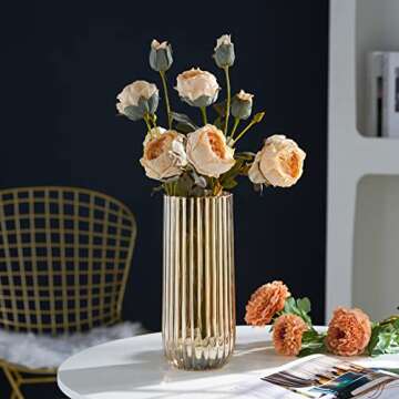 TIMEFOTO Flower Vase 9 inch Amber Glass Vase Thickened Hand Blow Round Vintage Striped Bottles for Home Decor,Bookshelf, Tabletop,Indoor Office Desk,Bathroom