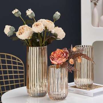 TIMEFOTO Flower Vase 9 inch Amber Glass Vase Thickened Hand Blow Round Vintage Striped Bottles for Home Decor,Bookshelf, Tabletop,Indoor Office Desk,Bathroom