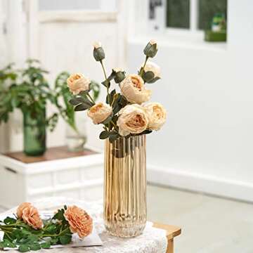 TIMEFOTO Flower Vase 9 inch Amber Glass Vase Thickened Hand Blow Round Vintage Striped Bottles for Home Decor,Bookshelf, Tabletop,Indoor Office Desk,Bathroom