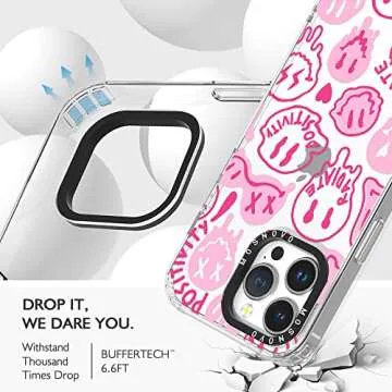 MOSNOVO Case for iPhone 14 Pro Max, [Buffertech 6.6ft Military-Grade Drop Protection] [Anti Peel Off Tech] Clear TPU Bumper Phone Case Cover Design - Pink Dripping Smiles