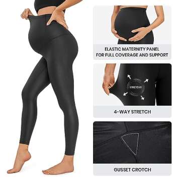 CRZ YOGA Womens Butterluxe Maternity Leggings Over The Belly 25" - Buttery Soft Workout Activewear Yoga Pregnancy Pants Faux Leather Black Medium