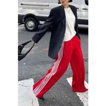 UAURORAO Women Y2k Wide Leg Track Pants Baggy Striped Joggers Sweatpants Elastic Waist Color Block Parachute Pants with Pockets(Stripe Red,Small)