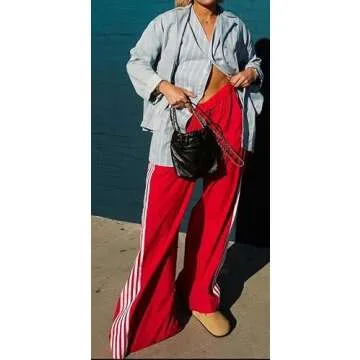 UAURORAO Women Y2k Wide Leg Track Pants Baggy Striped Joggers Sweatpants Elastic Waist Color Block Parachute Pants with Pockets(Stripe Red,Small)