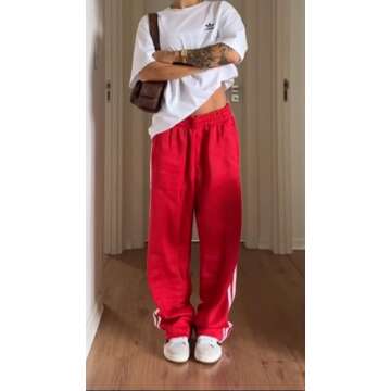 UAURORAO Women Y2k Wide Leg Track Pants Baggy Striped Joggers Sweatpants Elastic Waist Color Block Parachute Pants with Pockets(Stripe Red,Small)