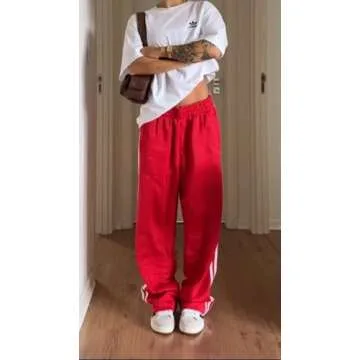 UAURORAO Women Y2k Wide Leg Track Pants Baggy Striped Joggers Sweatpants Elastic Waist Color Block Parachute Pants with Pockets(Stripe Red,Small)