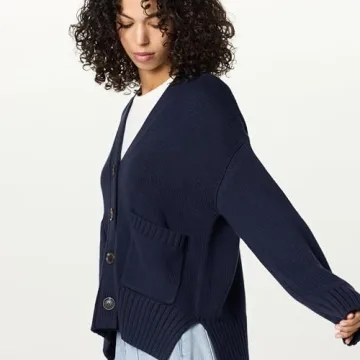 The Drop Women's Brigitte Chunky Button-Front Pocket Ribbed Cardigan