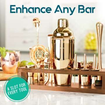 Modern Mixology Bartender Kit: 23-Piece Bar Set Cocktail Shaker Set with Stylish Bamboo Stand, Perfect for Home Bar Tools Bartender Tool Kit and Martini Cocktail Shaker for Awesome Drink Mixing (Gold)