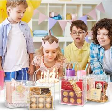 Jutieuo 16 Pack Clear Plastic Gift Bags with Handles, 6.3" x 5.9" x 2.8" Reusable Transparent Party Favor Bags Goodie Bags Bulk for Wedding, Baby Shower, Birthday