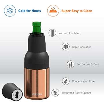 Asobu Frosty Beer Holder 2 Go Vacuum Insulated Double Walled Stainless Steel Beer Can and Bottle Cooler with Beer Opener Eco Friendly and Bpa Free(Copper)