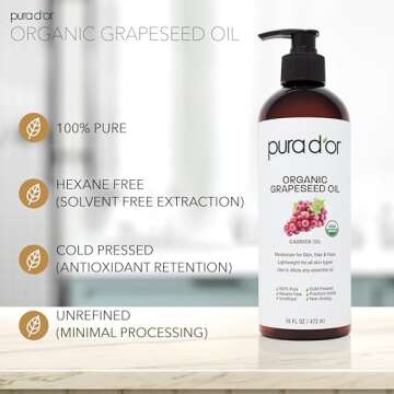 PURA D'OR 16 Oz Organic Grapeseed Oil - 100% Pure & Natural USDA Certified Cold Pressed Carrier Oil ...