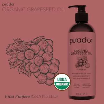 PURA D'OR 16 Oz Organic Grapeseed Oil - 100% Pure & Natural USDA Certified Cold Pressed Carrier Oil - Light & Silky, Unscented, Hexane Free Liquid Moisturizer - Face Skin & Hair - Men & Women