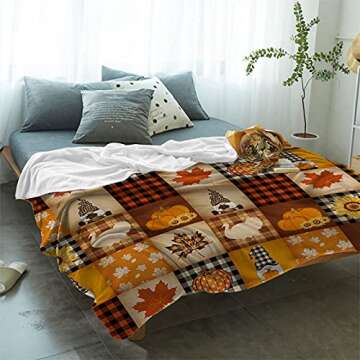 Thanksgiving Pumpkin Blanket Super Soft Flannel Fleece Throw Blankets Pumpkin Turkey Maple Leaf Gnom...