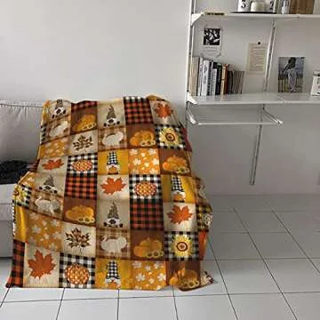 Thanksgiving Pumpkin Blanket Super Soft Flannel Fleece Throw Blankets Pumpkin Turkey Maple Leaf Gnome Plaid Blanket Lightweight Cozy Warm Fuzzy Plush Microfiber Blankets for Couch Bed Sofa50x60inch