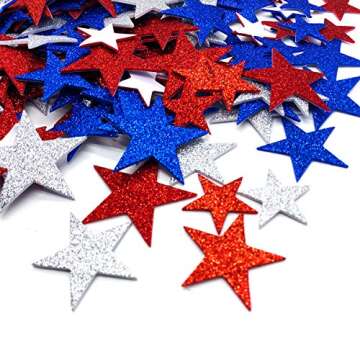 200 Pcs Glitter Star Stickers Patriotic Decoration Self Adhesive Star Shape Glitter Foam Sticker for 4th of July Decor Kid's Arts Craft Supplies Greeting Cards Homemade Crafts Red Blue Silver