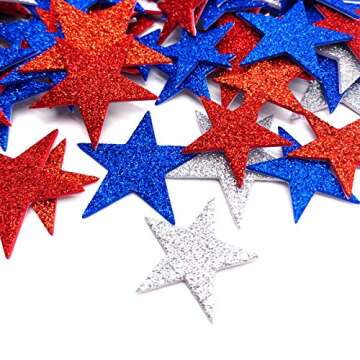 200 Pcs Glitter Star Stickers Patriotic Decoration Self Adhesive Star Shape Glitter Foam Sticker for 4th of July Decor Kid's Arts Craft Supplies Greeting Cards Homemade Crafts Red Blue Silver
