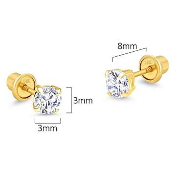 14k Yellow Gold 3mm Basket Round Solitaire Cubic Zirconia Children Screw Back Baby Girls Earrings