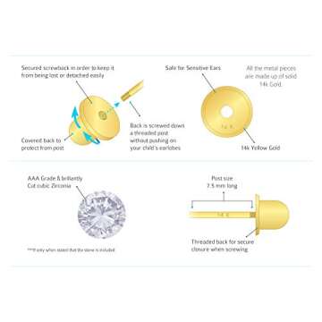 14k Yellow Gold 3mm Basket Round Solitaire Cubic Zirconia Children Screw Back Baby Girls Earrings