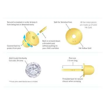 14k Yellow Gold 3mm Basket Round Solitaire Cubic Zirconia Children Screw Back Baby Girls Earrings