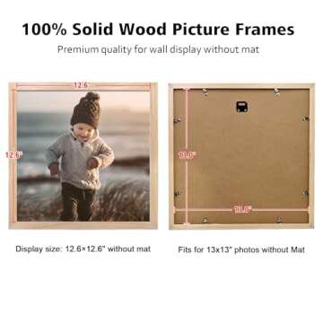 KINLINK 13x13 Picture Frame, Natural Square Solid Wood Frames for Pictures 13x13 without Mat and 12.5x12.5 Music Record Album, Wall Display Photo Frames Natural Wood 1 Pack