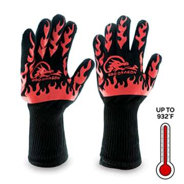 BBQ Dragon Heat Resistant Gloves - High Heat Gloves for Cooking, BBQ, Grilling, and Baking - Non-Slip Oven Gloves & Heat Proof Gloves - Certified Heat Gloves for Outdoor Grill & Kitchen Safety