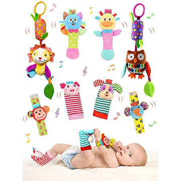 BLOOBLOOMAX Baby Soft Hanging Rattle Crinkle Squeaky Dangling Toy Car Seat Stroller Toys with Plush ...