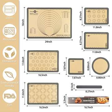 THLEITE Non Stick Silicone Baking Mat Set of 7 - Macaron Silicone Baking Mat & Pastry Mat with Measu...
