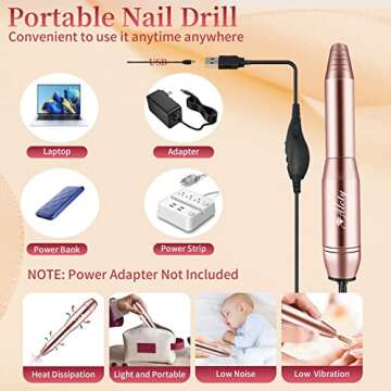 Alety Electric Nail Drill Kit, Portable Electric Nail File for Acrylic Gel Nails, Professional Nail Drill Machine Efile Manicure Pedicure Tools with Gold Nail Drill Bits for Home Salon Use