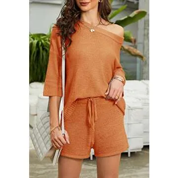 Mafulus Women's 2 Piece Outfits Sweater Sets Off Shoulder Knit Top Shorts Matching Suits Cute Pajama...