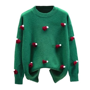 Women's Round Neck Long Sleeve Pullover Sweater with Cute Christmas Hat Casual Comfortable Fall Wint...