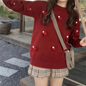 Women's Round Neck Long Sleeve Pullover Sweater with Cute Christmas Hat Casual Comfortable Fall Winter Knitted Tops (Green,One Size)