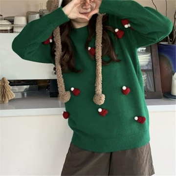 Women's Round Neck Long Sleeve Pullover Sweater with Cute Christmas Hat Casual Comfortable Fall Winter Knitted Tops (Green,One Size)