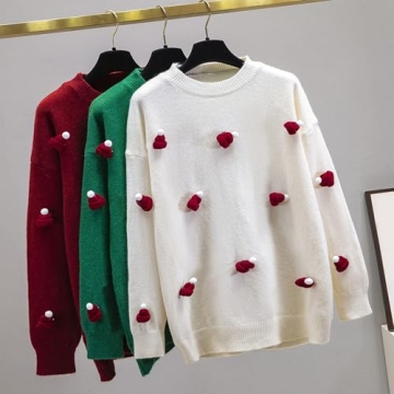 Women's Round Neck Long Sleeve Pullover Sweater with Cute Christmas Hat Casual Comfortable Fall Winter Knitted Tops (Green,One Size)