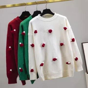 Women's Round Neck Long Sleeve Pullover Sweater with Cute Christmas Hat Casual Comfortable Fall Winter Knitted Tops (Green,One Size)