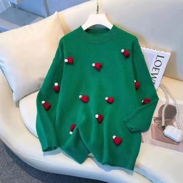 Women's Round Neck Long Sleeve Pullover Sweater with Cute Christmas Hat Casual Comfortable Fall Winter Knitted Tops (Green,One Size)