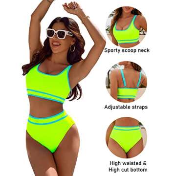 BMJL Women's High Waisted Bikini Sets Sporty Two Piece Swimsuits Color Block Cheeky High Cut Bathing Suits(S,Neon Green)