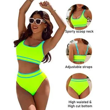 BMJL Women's High Waisted Bikini Sets Sporty Two Piece Swimsuits Color Block Cheeky High Cut Bathing Suits(S,Neon Green)