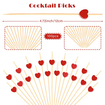 100pcs Red Heart Bamboo Cocktail Picks for Parties