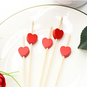 100pcs Red Heart Bamboo Cocktail Picks for Parties