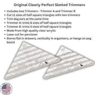 New Leaf Stitches Slotted Trimmer - Acrylic Template Ruler for Accurate Cutting and Trimming - Designed for Half-Square Triangles, Strip Piecing, Block Construction - Ideal Stencil & Tool for Quilters