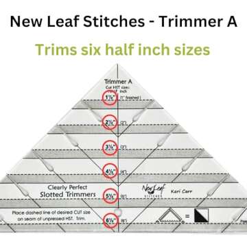 New Leaf Stitches Slotted Trimmer - Acrylic Template Ruler for Accurate Cutting and Trimming - Designed for Half-Square Triangles, Strip Piecing, Block Construction - Ideal Stencil & Tool for Quilters