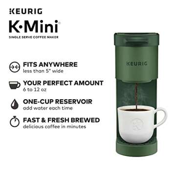 Keurig K-Mini Single Serve Coffee Maker with 6-12Oz Cup Sizes, Quick Brewing, and Removable Drip Tray (Evergreen, Renewed)